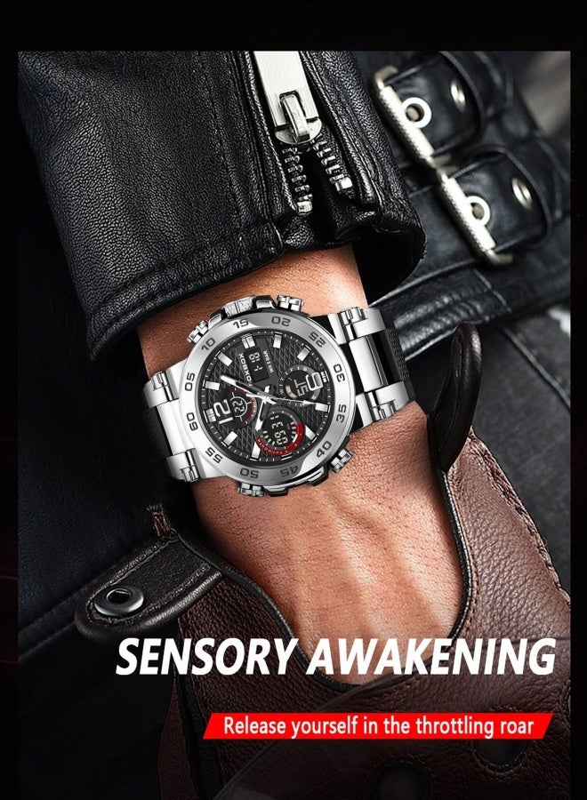 FOXBOX Men's Luxury Analog-Digital Wristwatches Waterproof Sport Quartz Watches for Men Silver with Exquisite Box - Image 5