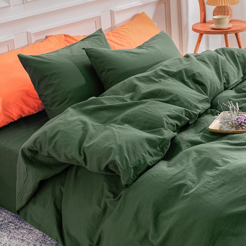 Nexhome Pro Davet Cover Set King Size Linen يشعر بأنه محكم طبيعية طبيعية بنسبة 100 ٪ غطاء لحاف القطن المغسول 3 قطع مجموعة الفراش مع إغلاق السوستة غابة ناعمة خضراء (لا معزي)