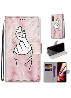 HuHa Case Cover For Realme 5 / 5s / 5i / C3 / C3i / 6i / Narzo10 / 10A / 20A Coloured Drawing Cross Texture Horizontal Flip PU Leather Case with Holder & Card Slots & Wallet & Lanyard Pink Hands Heart 