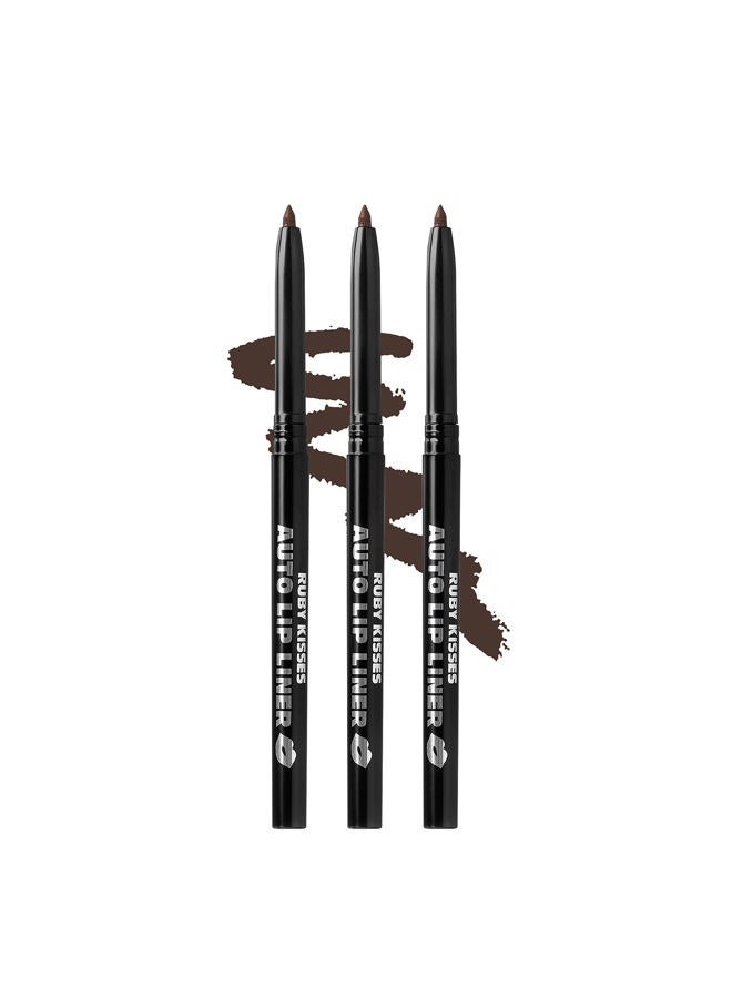 Ruby Kisses Auto Lip Liner Pencil (Dark Brown 3 Pack), Long Lasting & Non-Fading, Smooth Application, Non-Feathering with Rich Pigmented Color, No Sharpener Needed, Ideal for Full Lips Look - Image 1