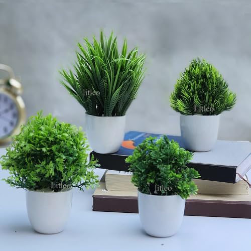 Litleo Set of Mini Decorative Home Office or Gift Wild Artificial Plant with Pot Green Set of 4 Oval Pot