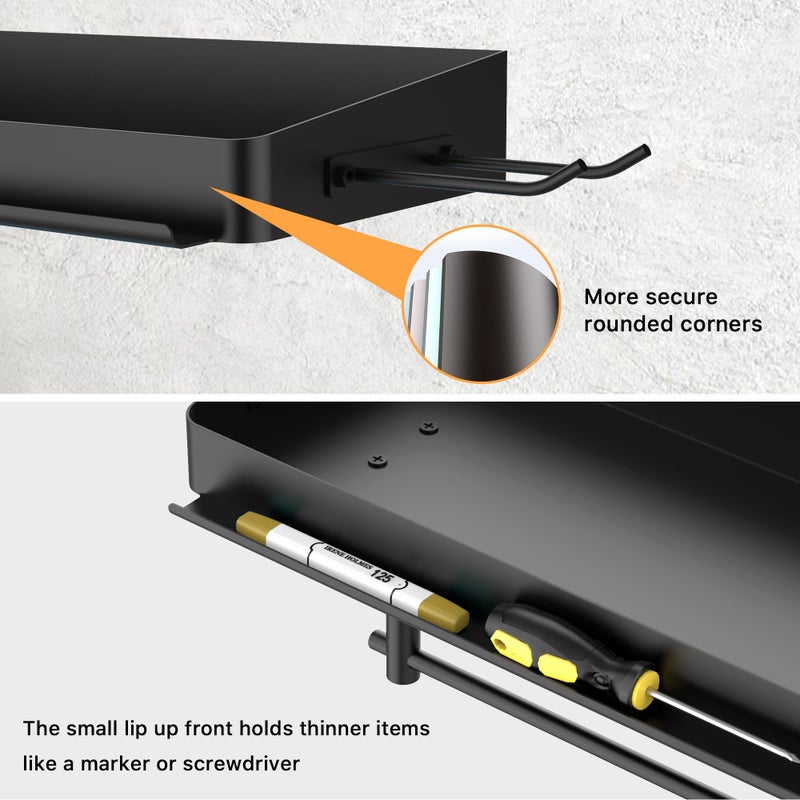 SUNTECH Garage Paper Towel Holder with Shelf, One Hand Tear, 12 inch Shop Paper Towel Holder, Paper Towel Holder Wall Mount with 2 Detachable Hooks for Garage and Tool Room (Black) - Image 2