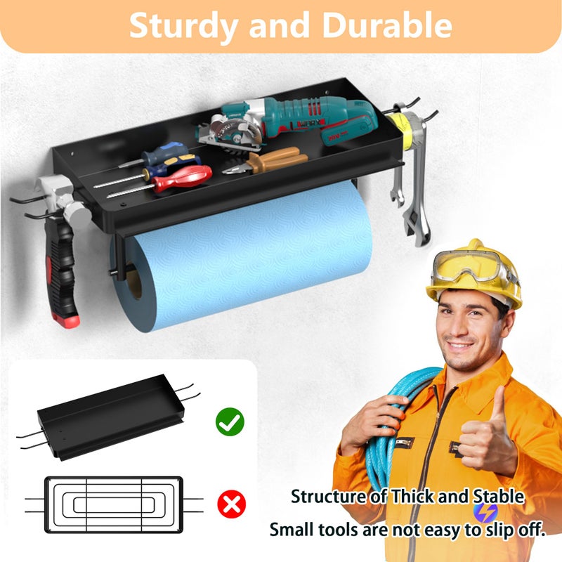 SUNTECH Garage Paper Towel Holder with Shelf, One Hand Tear, 12 inch Shop Paper Towel Holder, Paper Towel Holder Wall Mount with 2 Detachable Hooks for Garage and Tool Room (Black) - Image 5