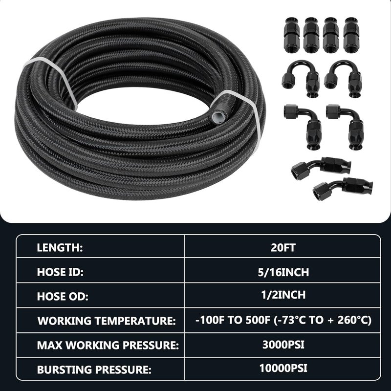 FSBCGT 6AN 20FT Fuel Line Hose Kit with 10PCS Swivel Fuel Hose Fitting Adapter - Black - Image 2