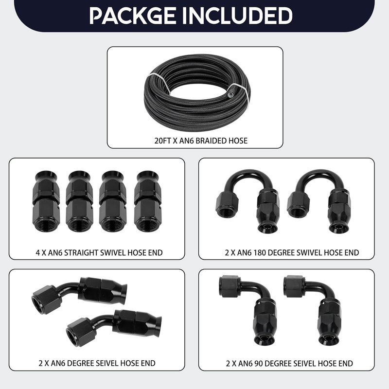 FSBCGT 6AN 20FT Fuel Line Hose Kit with 10PCS Swivel Fuel Hose Fitting Adapter - Black - Image 5