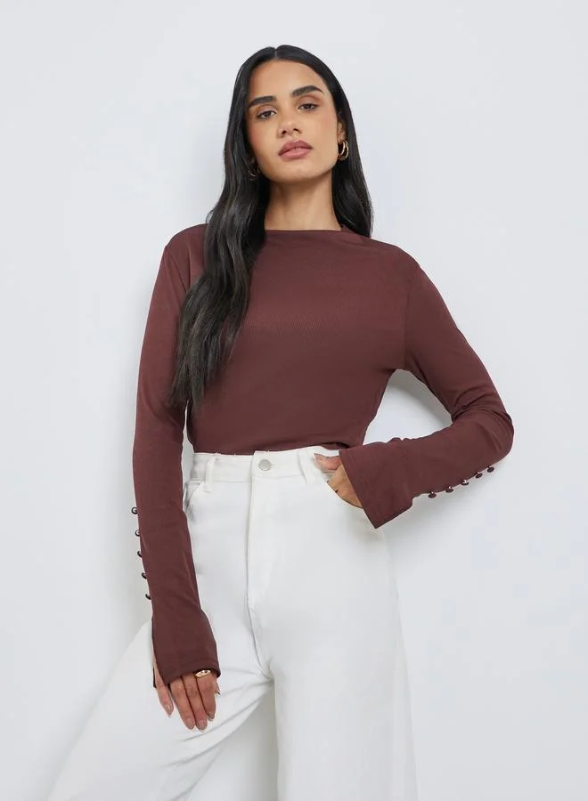 Styli Styli Textured Regular Fit Sleeve Slit Detail Top