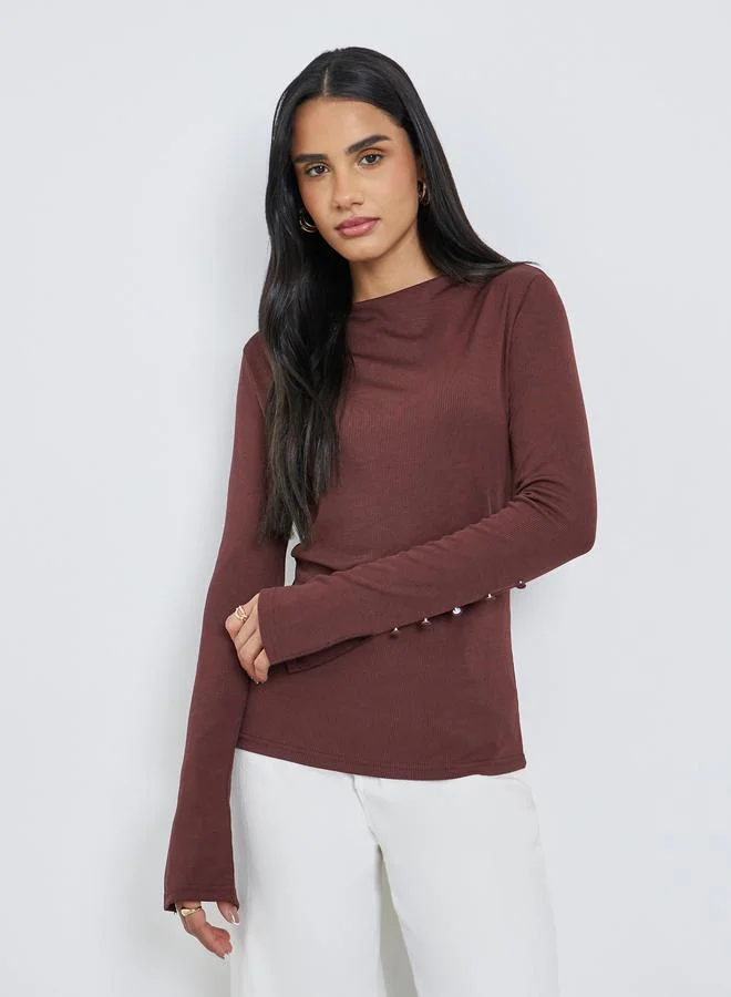 Styli Styli Textured Regular Fit Sleeve Slit Detail Top