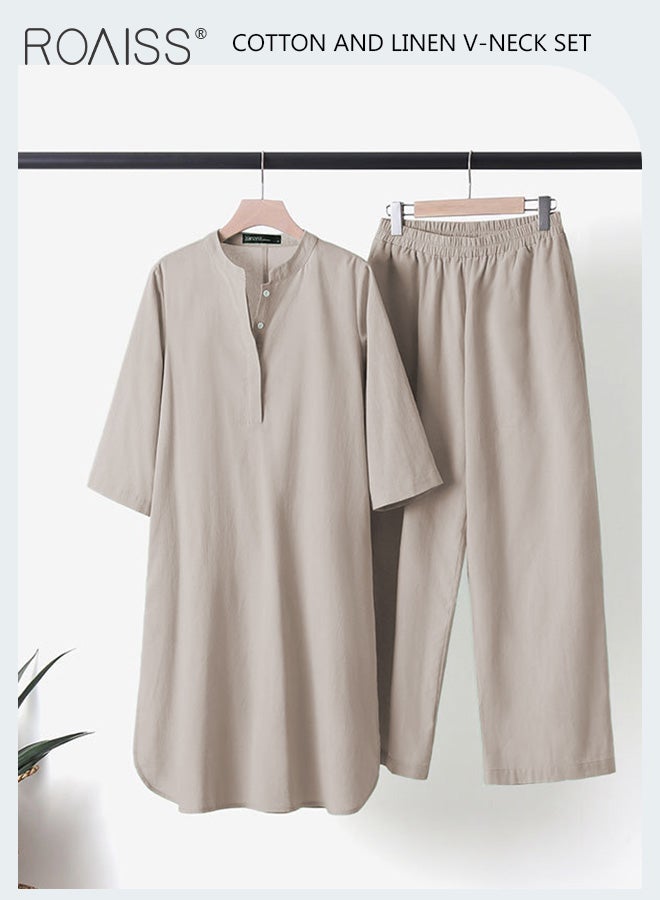 roaiss Women 2-Piece Set Plus Size Casual Sporty Style Cotton Linen Material Solid Color V Neck Long Sleeve Top and Wide Leg Pants  - Image 5