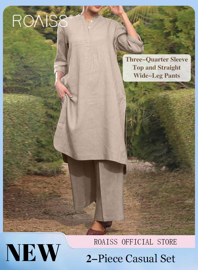 roaiss Women 2-Piece Set Plus Size Casual Sporty Style Cotton Linen Material Solid Color V Neck Long Sleeve Top and Wide Leg Pants  - Image 1