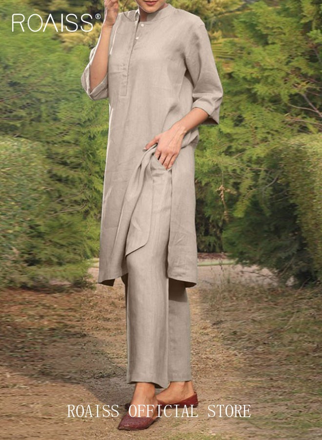 roaiss Women 2-Piece Set Plus Size Casual Sporty Style Cotton Linen Material Solid Color V Neck Long Sleeve Top and Wide Leg Pants  - Image 3