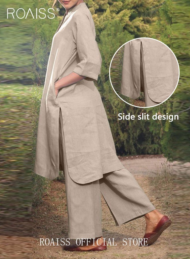 roaiss Women 2-Piece Set Plus Size Casual Sporty Style Cotton Linen Material Solid Color V Neck Long Sleeve Top and Wide Leg Pants  - Image 2