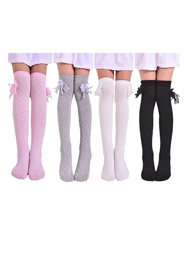 Girls Knee High Socks - 4 Pairs Bow Style Over Calf Stockings for Kids, Mesh Diamond Check Design, Heelless Straight Socks for Ages 2-10 - Image 1
