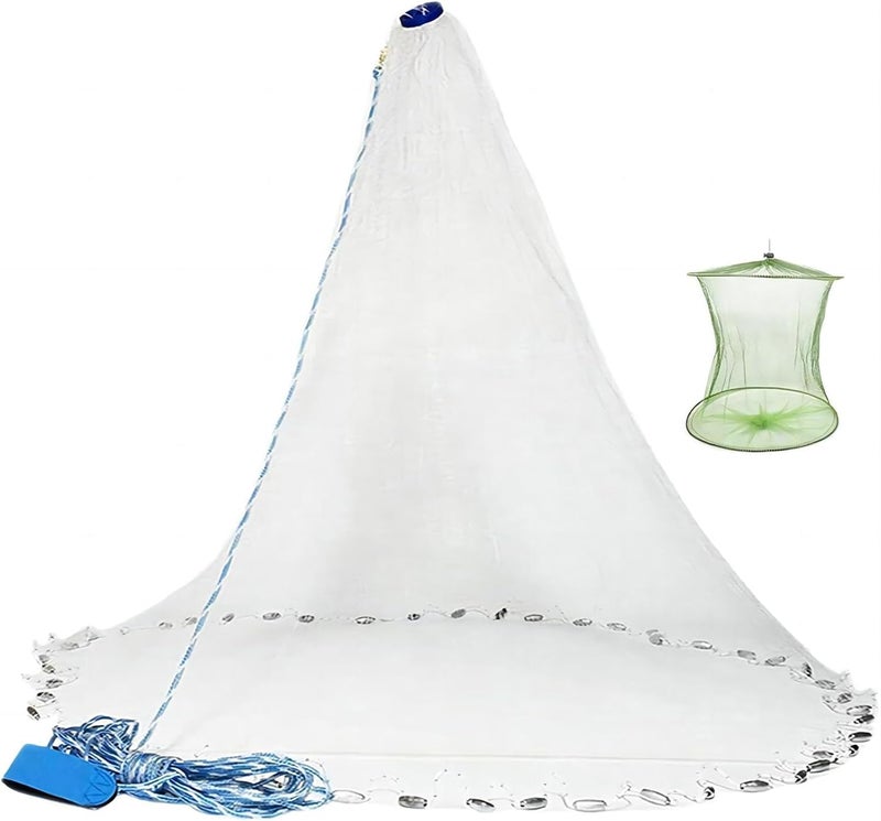 Yeahmart American Saltwater Fishing Cast Net for Bait Trap Fish 3ft/4ft/5ft/6ft/7ft/8ft/9ft/10ft Radius Casting Nets with Heavy Duty Real Zinc Sinker Weights, 3/8inch Mesh Size - Image 1