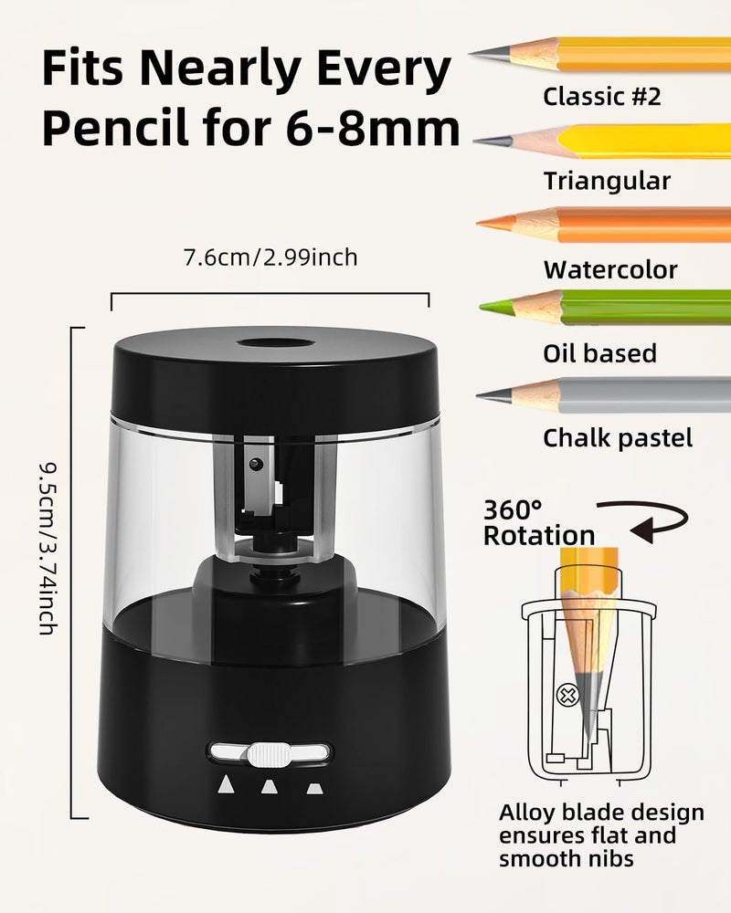 Zmol Electric Pencil Sharpener for Kids - 3 Modes, Battery Powered & USB, Tungsten Steel, Fast Sharpening for Colored Pencil No.2, Classroom Office Home, 6-8mm, Black - Image 3