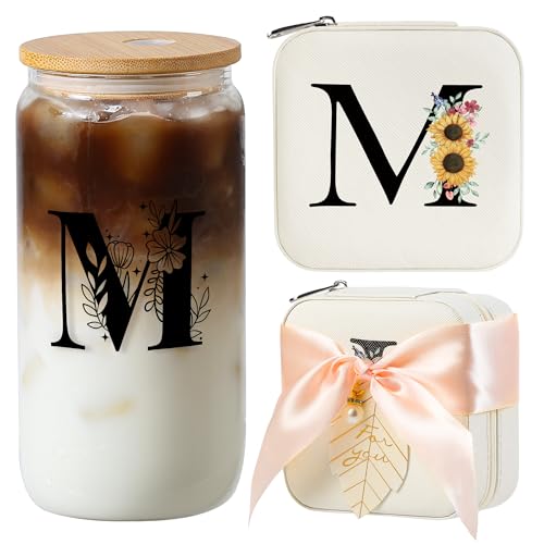 AYGXU teen girl gifts trendy stuff,Jewelry Box Organizer,Travel Initial Jewelry Box for Girls,16oz glass cups with bamboo lids,aesthetic glass cup,Travel Essentials,Initial M white - Image 1
