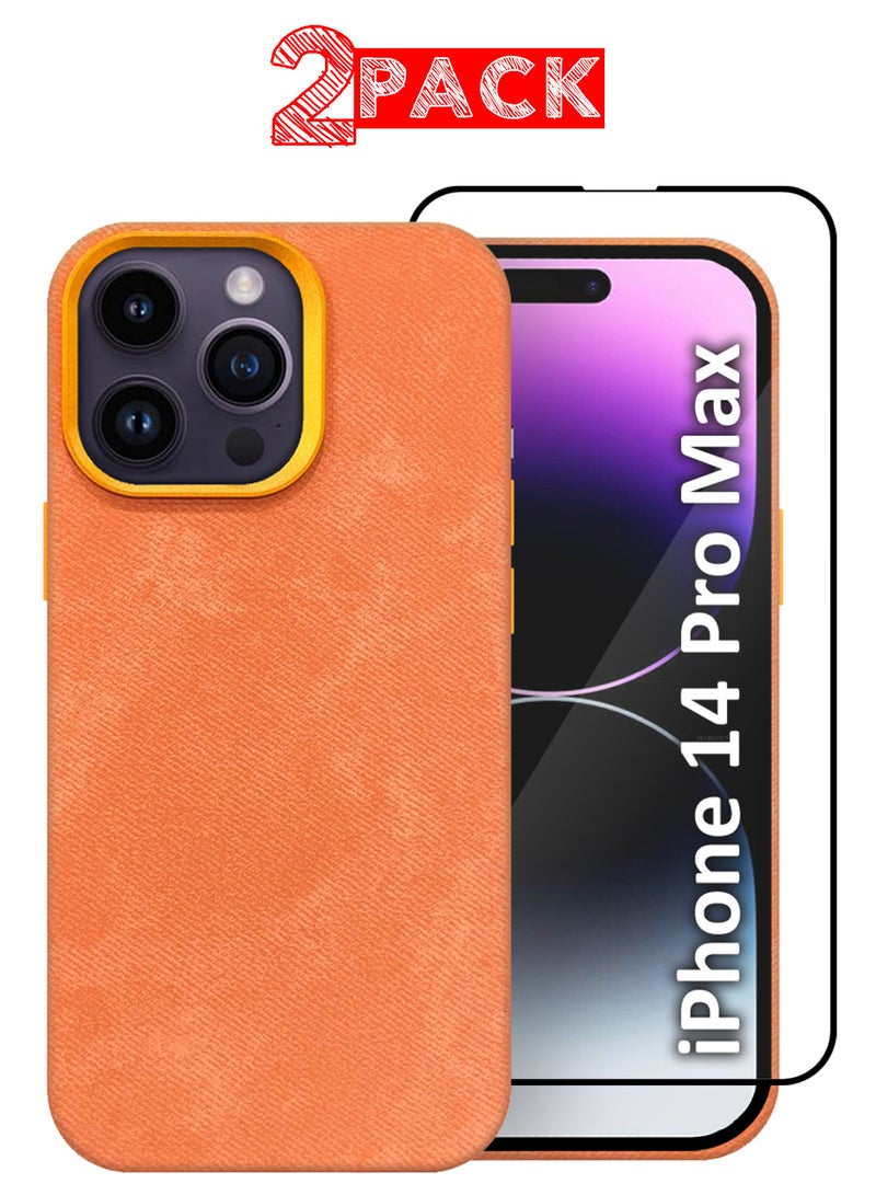 CATANES 2Packs iPhone 14 Pro Max Alcantara Case Cover Premium Quality Luxurious Soft Touch Protection with Metal Camera Frame with a 3D Screen Protector - Orange  - Image 1