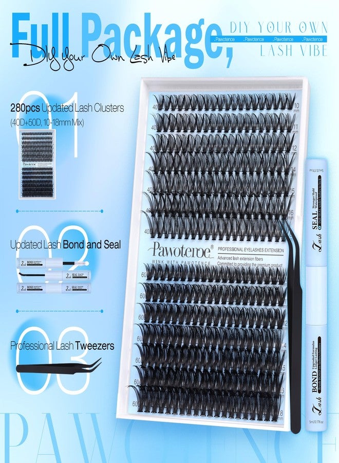Pawotence Lash Clusters Kit 40D 60D Lash Extension Kit 10-18mm Cluster Eyelash Extension Kit Individual Lashes 280pcs Eyelash Clusters with Lash Bond and Seal, Lash Tweezers for Self Use - Image 2