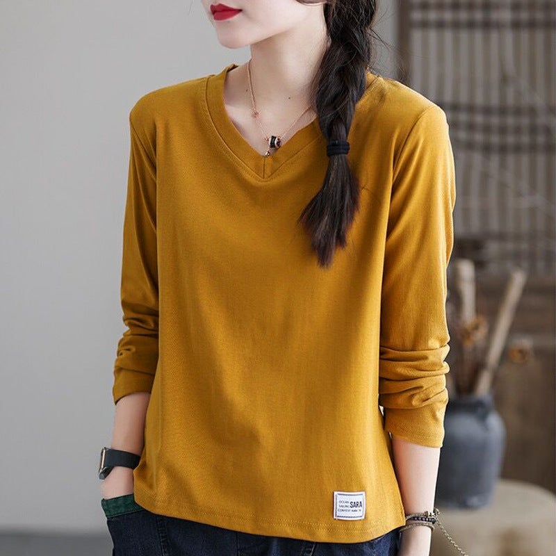 V-Neck Long Sleeve Tee Women Casual Loose Fit Spring 2023 Yellow  - Image 1