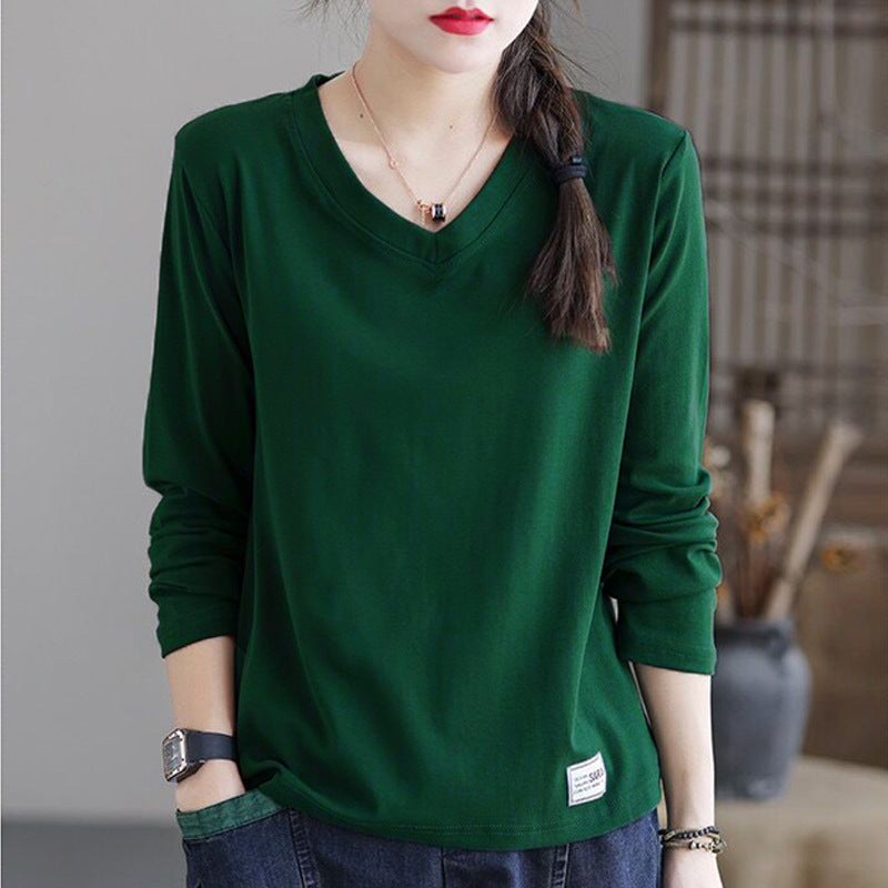 V-Neck Long Sleeve Tee Women Casual Loose Fit Spring 2023 Yellow  - Image 5