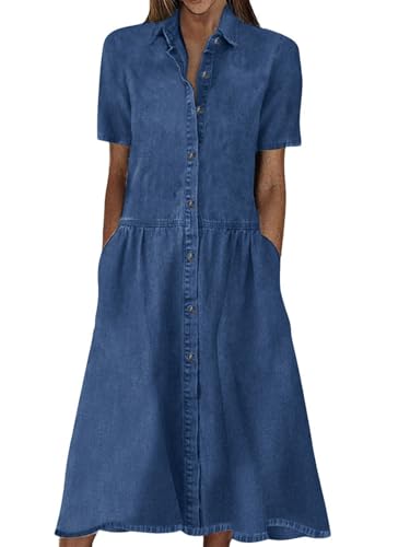 utcoco Womens Denim Dress Lapel Short Sleeve Frayed Hem Jean Dresses Oversized Button Down A Line Shirt Dress (Large, Dark Blue) - Image 1
