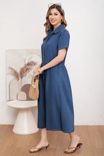 utcoco Womens Denim Dress Lapel Short Sleeve Frayed Hem Jean Dresses Oversized Button Down A Line Shirt Dress (Large, Dark Blue) - Image 4
