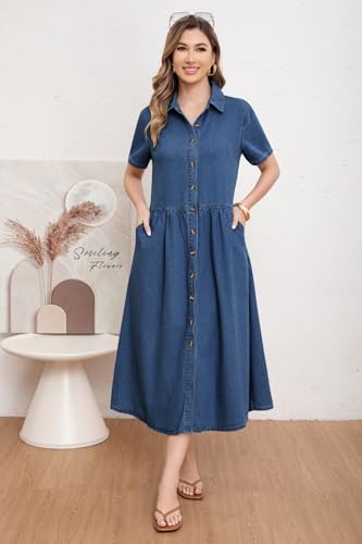 utcoco Womens Denim Dress Lapel Short Sleeve Frayed Hem Jean Dresses Oversized Button Down A Line Shirt Dress (Large, Dark Blue) - Image 2