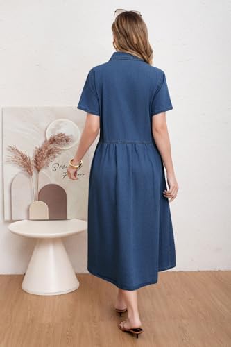 utcoco Womens Denim Dress Lapel Short Sleeve Frayed Hem Jean Dresses Oversized Button Down A Line Shirt Dress (Large, Dark Blue) - Image 5