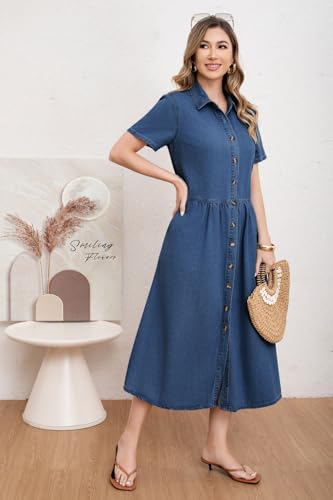 utcoco Womens Denim Dress Lapel Short Sleeve Frayed Hem Jean Dresses Oversized Button Down A Line Shirt Dress (Large, Dark Blue) - Image 3