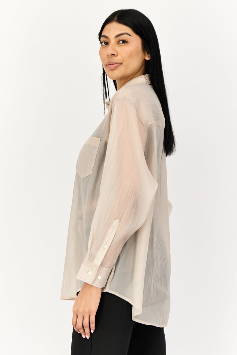 GAP Women Oversized Fit Spread Collar Long Sleeve Plain Shirt, Beige  - Image 2