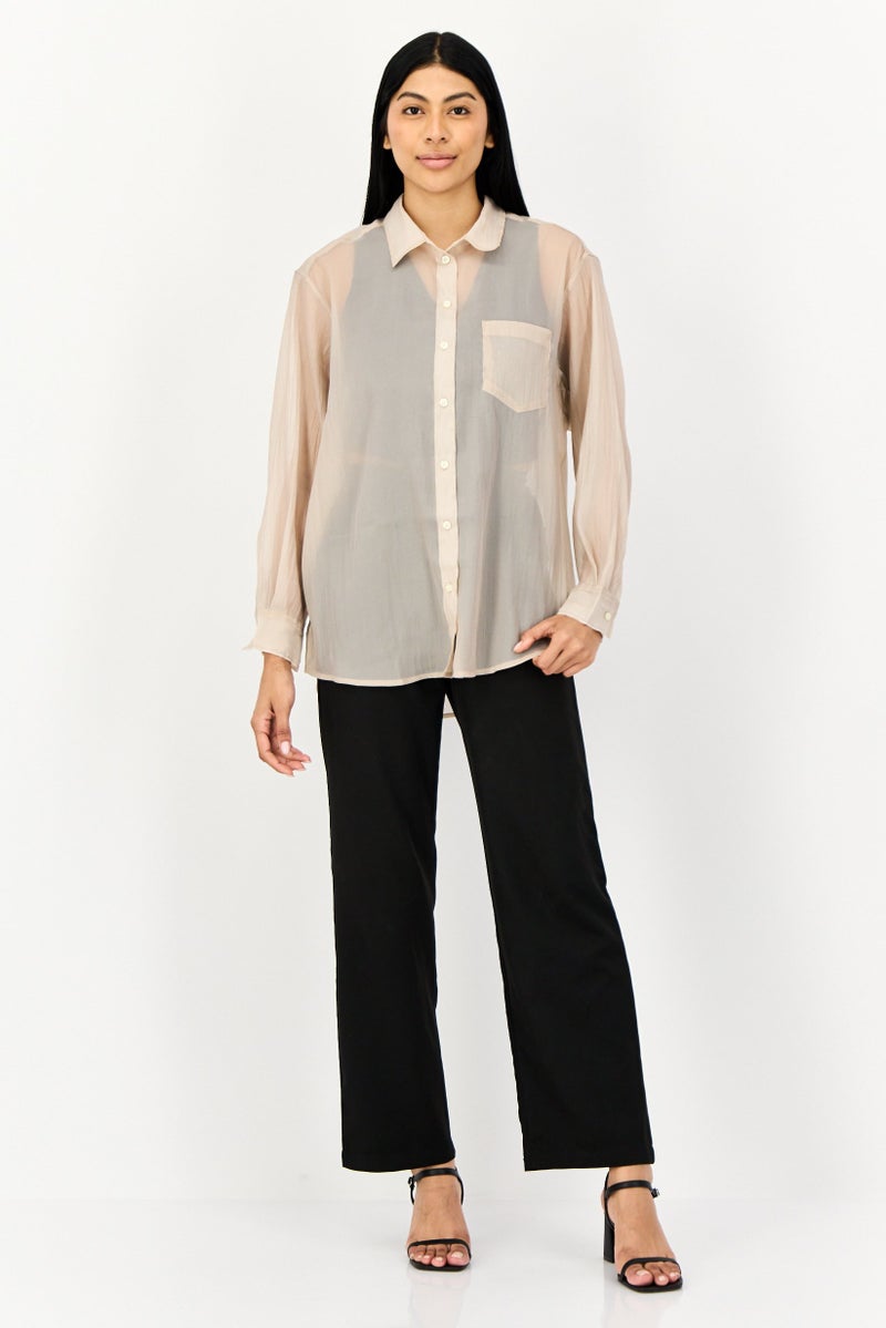 GAP Women Oversized Fit Spread Collar Long Sleeve Plain Shirt, Beige  - Image 3