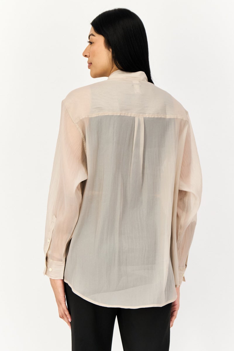GAP Women Oversized Fit Spread Collar Long Sleeve Plain Shirt, Beige  - Image 4