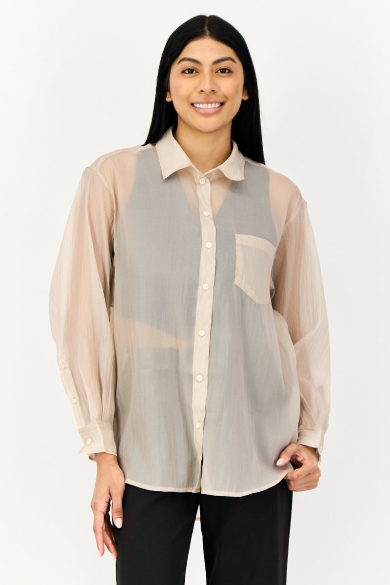GAP Women Oversized Fit Spread Collar Long Sleeve Plain Shirt, Beige  - Image 1