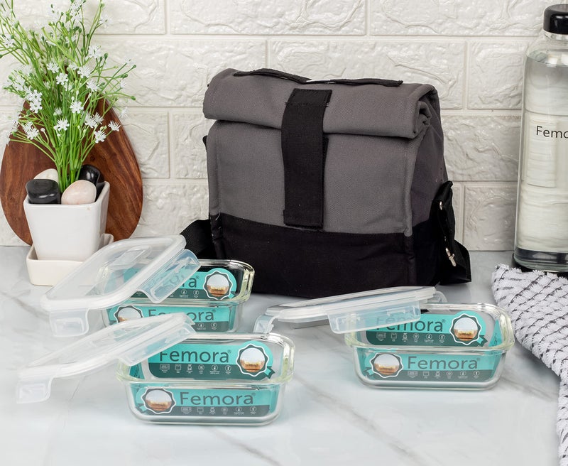 Femora Borosilicate Glass Rectangle Container Grey Black Lunch Box- 400 ML, Set of 3 - Image 1