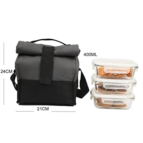 Femora Borosilicate Glass Rectangle Container Grey Black Lunch Box- 400 ML, Set of 3 - Image 3