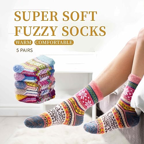 ICEIVY 5 Pair Fuzzy Cozy Fluffy Socks for Women, Warm Comfy Soft Casual Home Sleep Winter Wool Socks, Gifts for Women - Image 3