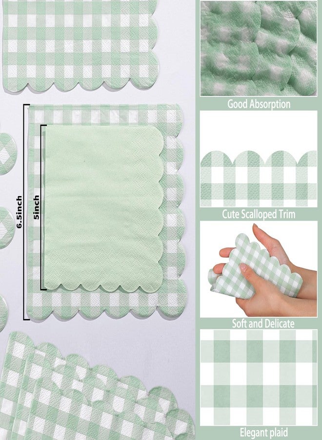 NatNarr 80 Pcs Sage Green Gingham Paper Napkins 6.5 Inch Green and White Paper Napkins Disposable Scalloped Napkin for Baby & Bridal Shower, Wedding, Birthday, Picnic, Easter Party - Image 3