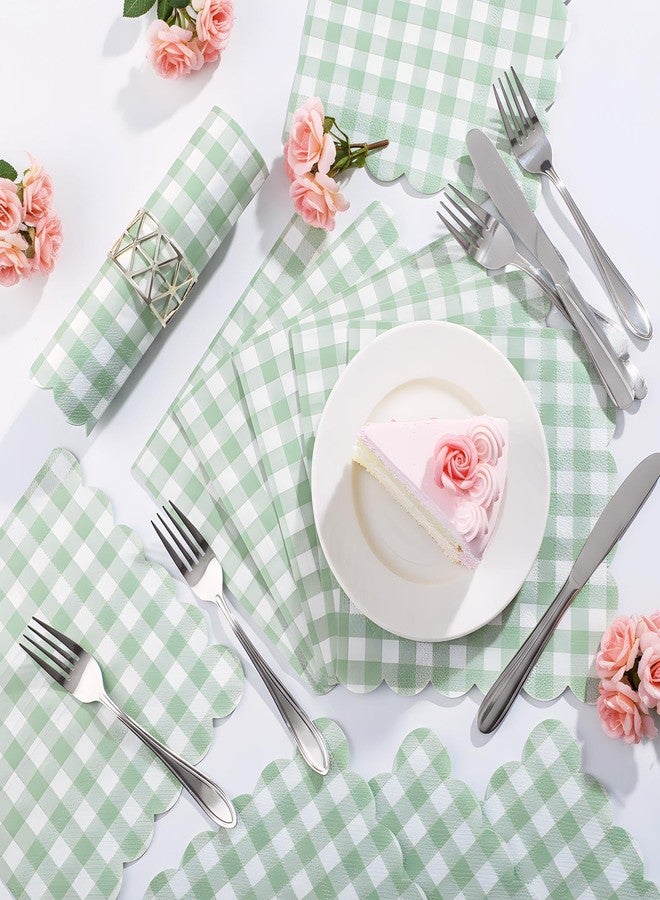 NatNarr 80 Pcs Sage Green Gingham Paper Napkins 6.5 Inch Green and White Paper Napkins Disposable Scalloped Napkin for Baby & Bridal Shower, Wedding, Birthday, Picnic, Easter Party - Image 4