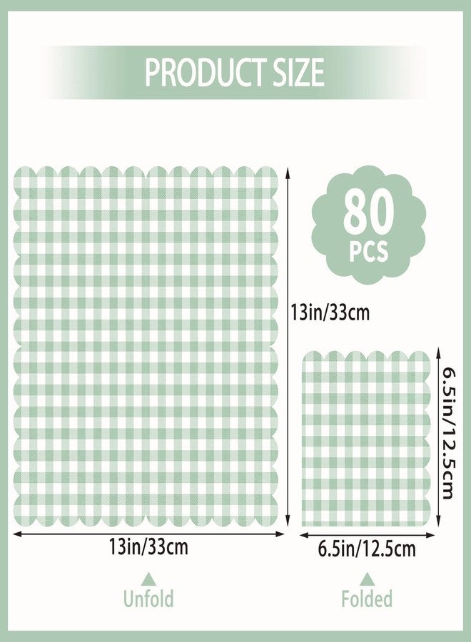 NatNarr 80 Pcs Sage Green Gingham Paper Napkins 6.5 Inch Green and White Paper Napkins Disposable Scalloped Napkin for Baby & Bridal Shower, Wedding, Birthday, Picnic, Easter Party - Image 2