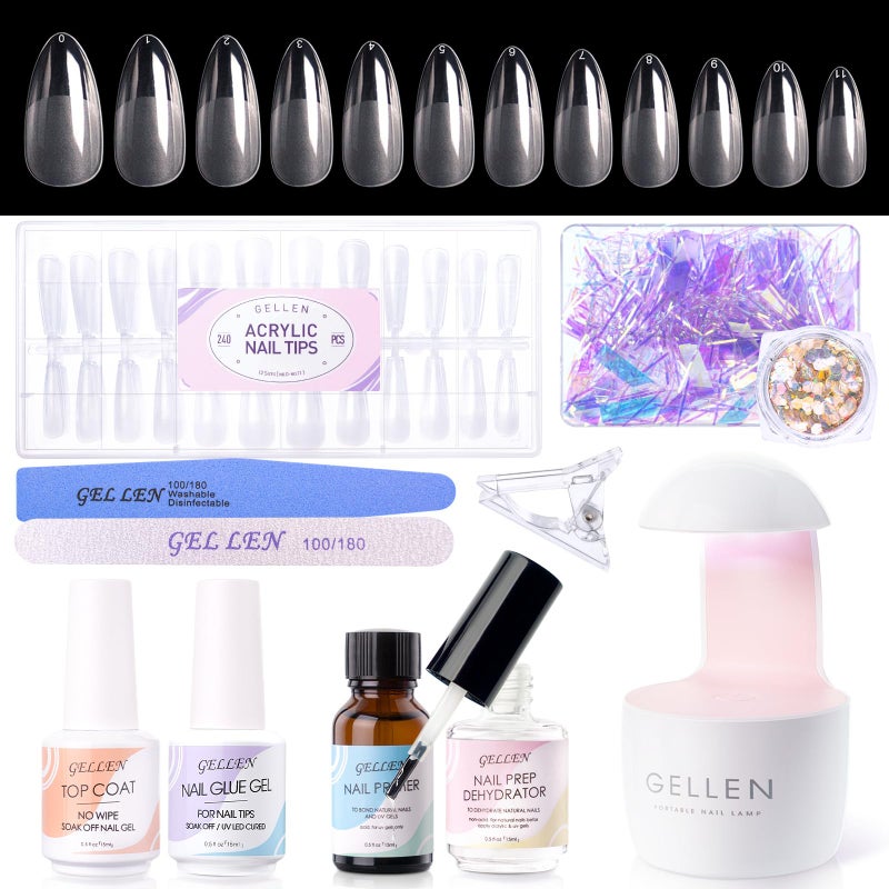 Gellen مجموعة تمديد الأظافر جل جيلين، مجموعة أظافر جل مع 240 قطعة نصائح لوزية، غراء UV 3 في 1 لنصائح الأظافر، مزيل التحضير و برايمر، مصباح علاج UV LED، زينة لمجموعة العناية بالأظافر DIY - Image 1