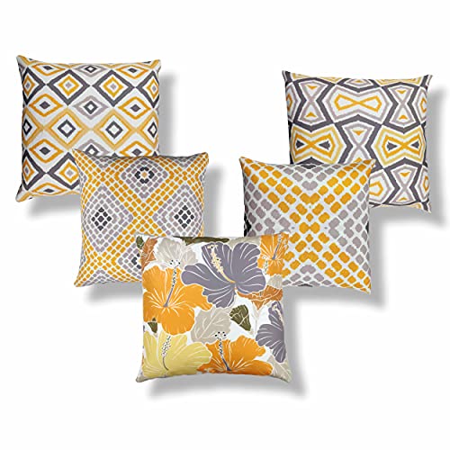 IM FAB IMFAB Ikat Yellow&Grey Digital Printed Decorative Canvas Cotton Cushion Covers Set of 5 pcs(60x60 Cms,24x24 Inchs) - Image 2