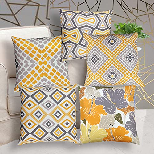 IM FAB IMFAB Ikat Yellow&Grey Digital Printed Decorative Canvas Cotton Cushion Covers Set of 5 pcs(60x60 Cms,24x24 Inchs) - Image 1