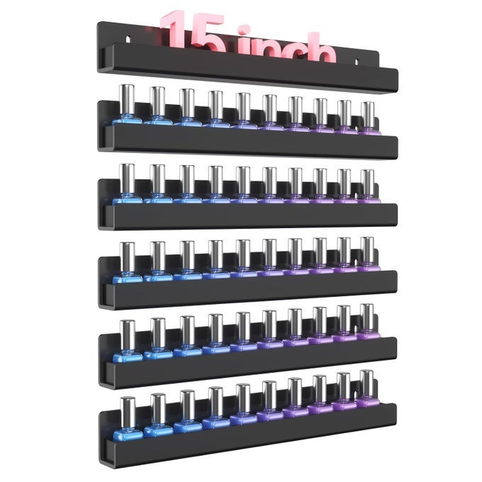 6 PACK NAIL POLISH RACK WALL MOUNTED SHELF WITH REMOVABLE ANTI-SLIP END INSERTS, ACRYLIC NAIL POLISH ORGANIZER DISPLAY 90 BOTTLES(BLACK)