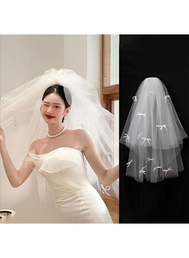 Bride Veils Bachelorette Party Veil White Bow Wedding Veil Soft Tulle Bridal Veils with Comb for Women and Girls - Image 1