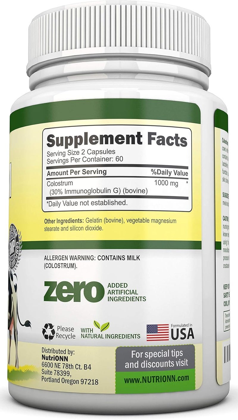 NutriONN Colostrum  1000mg  120 Capsules  30 IgG  NonGMO US Dairy  First Milking Bovine Colostrum  Low Heat Processed  Great for GI Tract Health  Immune Support  Bone and Muscle Health - Image 2