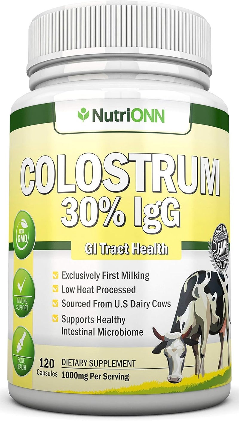 NutriONN Colostrum  1000mg  120 Capsules  30 IgG  NonGMO US Dairy  First Milking Bovine Colostrum  Low Heat Processed  Great for GI Tract Health  Immune Support  Bone and Muscle Health - Image 1