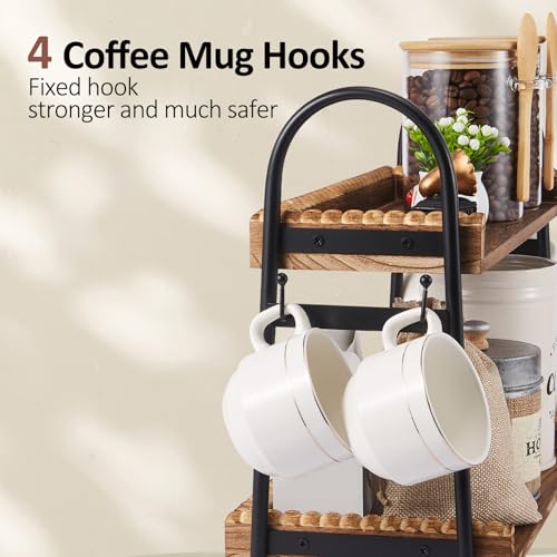 BDBDYEAY Coffee Bar Accessories, 2-Tier Coffee Bar Organizer with 4 Coffee Cup Holder Hooks, Mul-tifunctional Wooden Beaded Coffee Station Countertop Stand Shelf for Kitchen Home Office - Image 4
