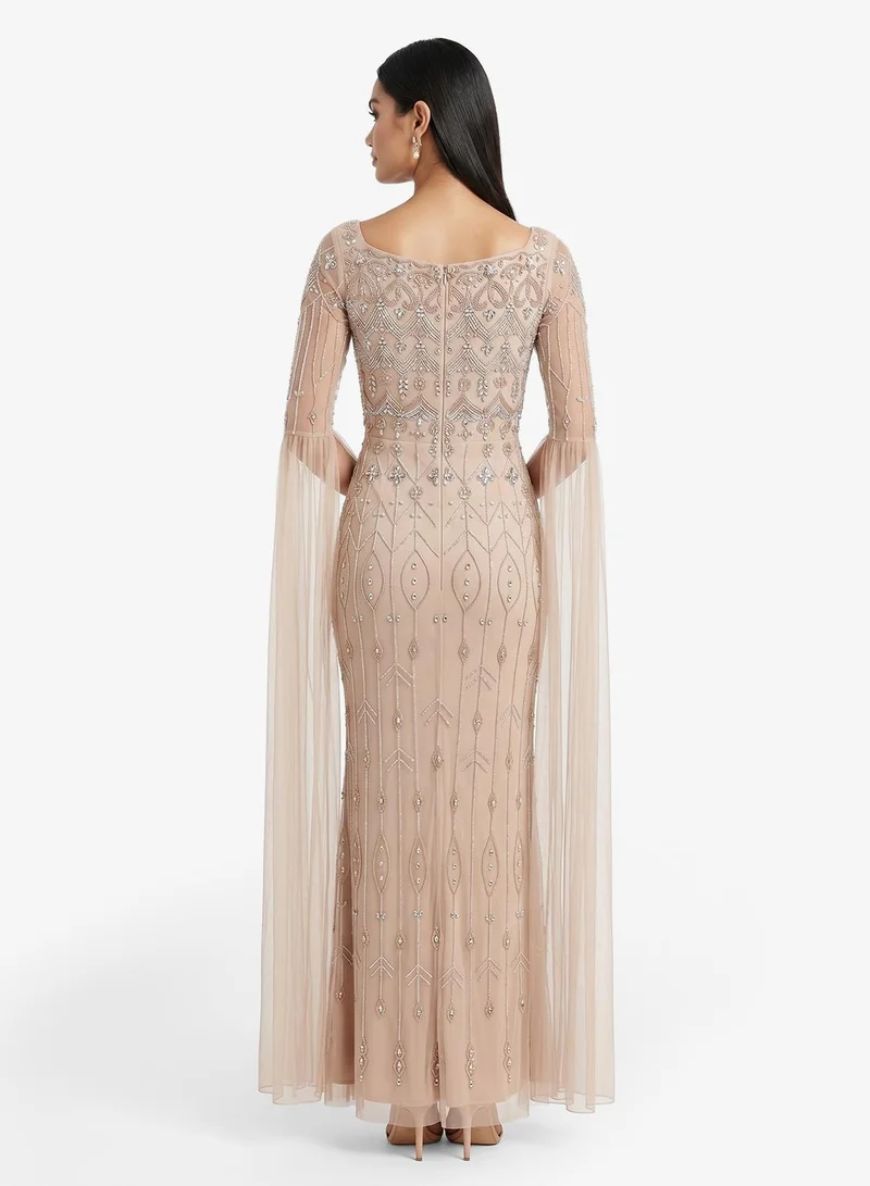 Namshi x Bead Embellished Evening Gown with Cape Sleeves