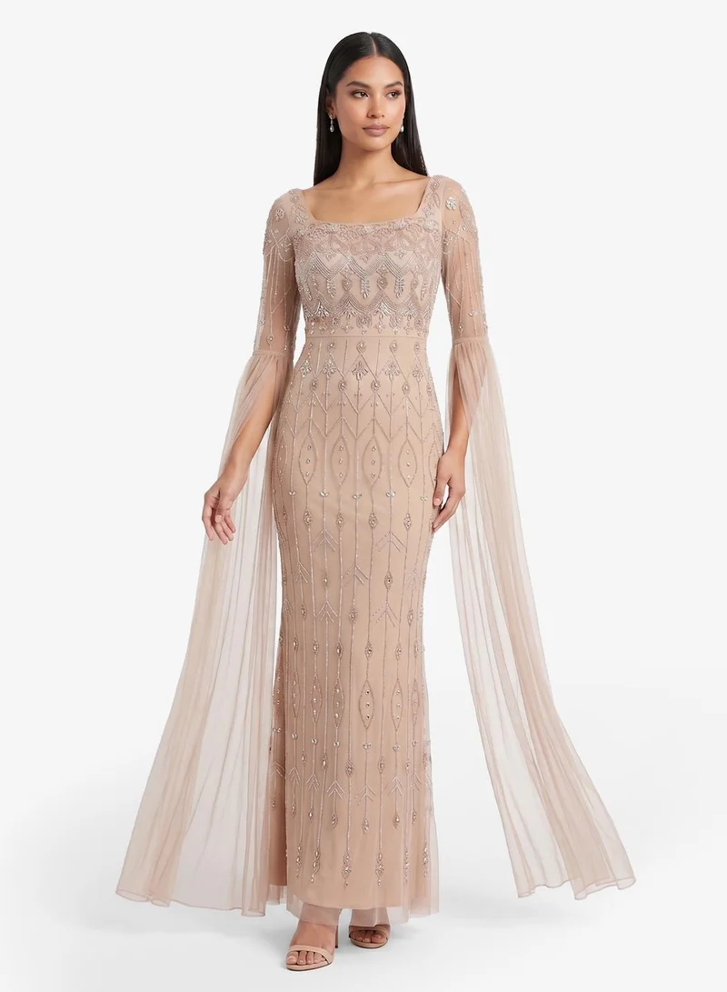 Namshi x Bead Embellished Evening Gown with Cape Sleeves
