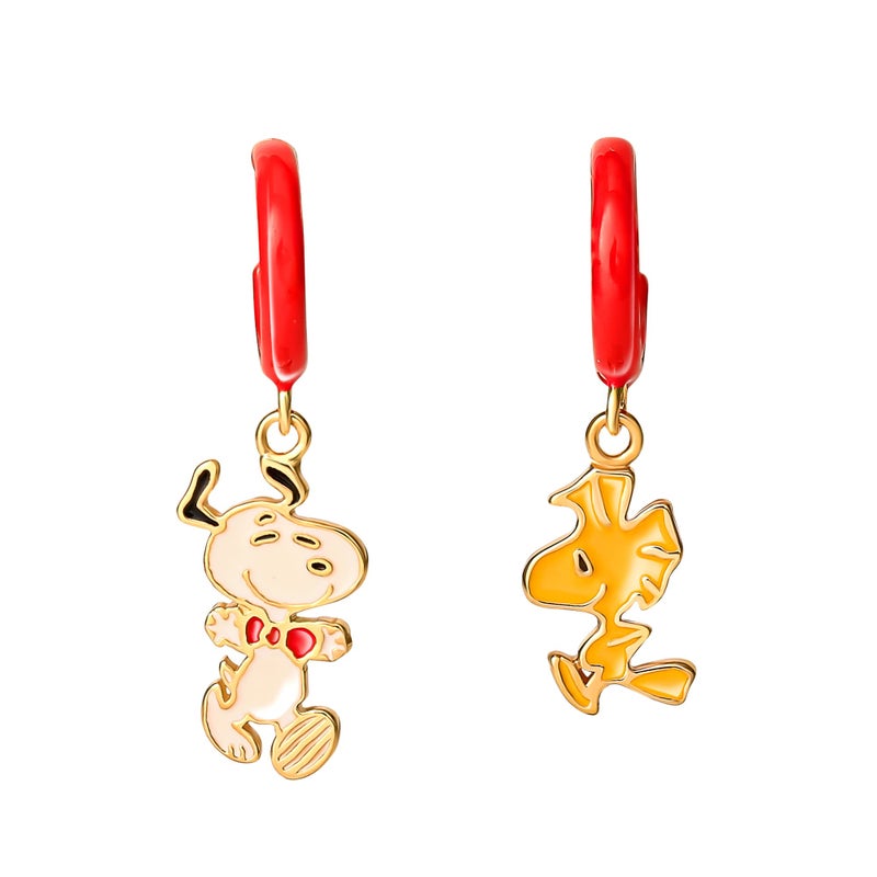Peanuts Womens Flash Plated Sterling Silver and Enamel Woodstock and Snoopy Earrings - Small Hoop Dangle Earrings with Woodstock and Snoopy Charm - Officially Licensed - Image 1