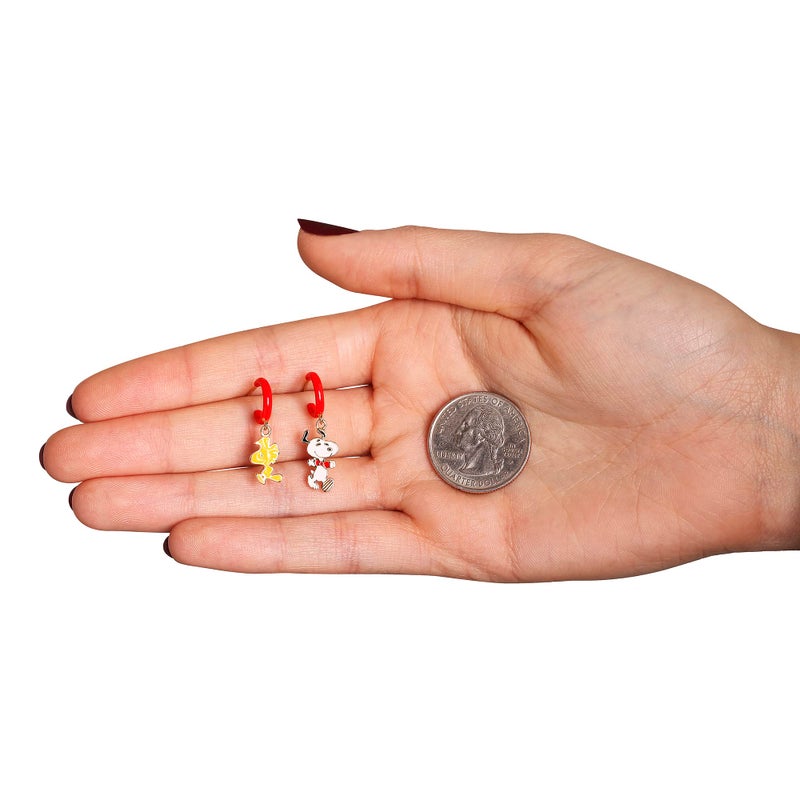 Peanuts Womens Flash Plated Sterling Silver and Enamel Woodstock and Snoopy Earrings - Small Hoop Dangle Earrings with Woodstock and Snoopy Charm - Officially Licensed - Image 4